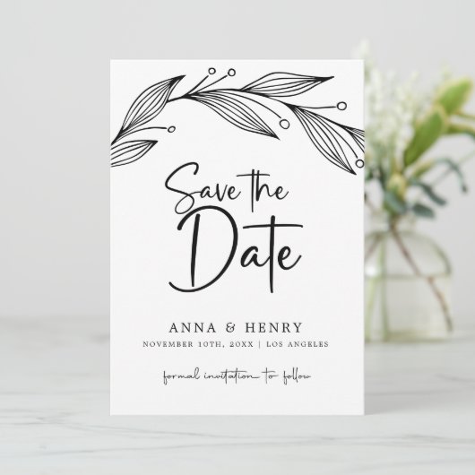 Moderne zwart & wit eucalyptus bladeren bruiloft save the date (Staand voorkant)