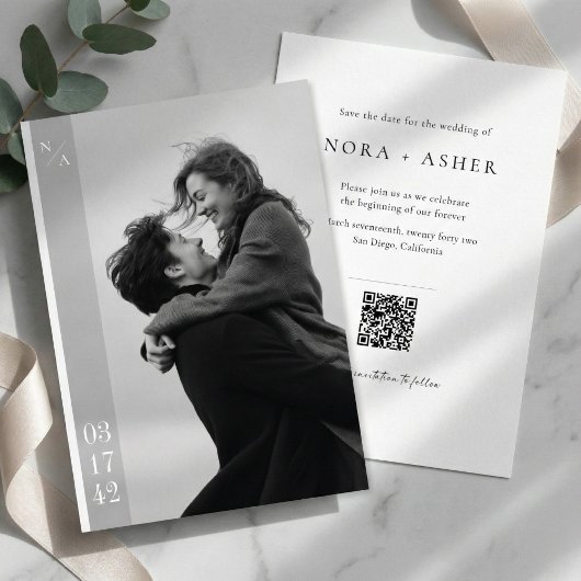 Moderne zwart-wit foto QR-code bruiloft Save The Date