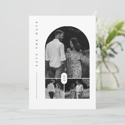 Moderne zwart-wit fotocollage Bewaar de datum Kaart (Staand voorkant)