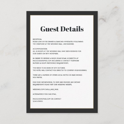 Moderne zwart-wit geometrische bruiloft gasteninfo informatiekaartje (Voorkant)