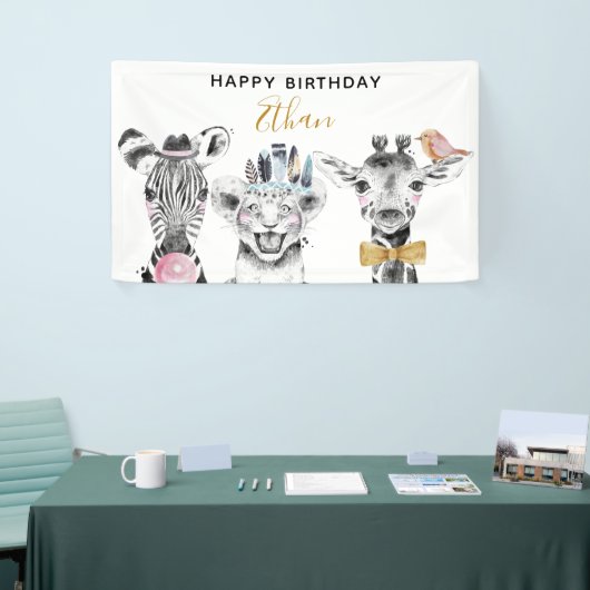 Moderne Zwart & Wit Hand getrokken Safari Verjaard Spandoek (Beurs)