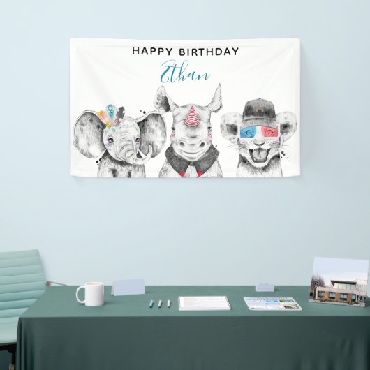 Moderne Zwart & Wit Hand getrokken Safari Verjaard Spandoek (Beurs)