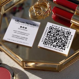 Moderne Zwart-Wit Krachtige QR-Code Haar- en Make- Vierkante Visitekaartje