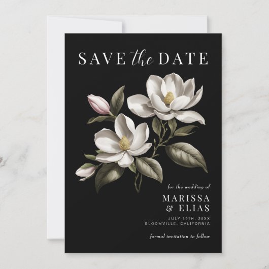 Moderne  Zwart-wit Magnolia bruiloft Save The Date (Voorkant)