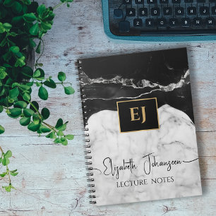 Moderne Zwart Wit Marmeren Textuur Goud Monogramme Notitieboek