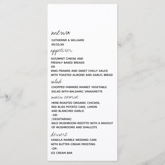 Moderne Zwart & Wit Minimalistische Script Bruilof Menu (Voorkant)