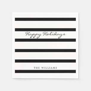 Moderne zwart-wit monogram streep Happy Holiday Servet