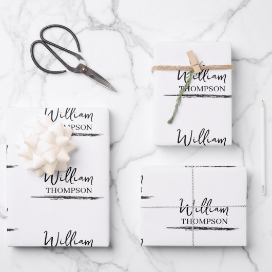Moderne zwart-wit monogrammed naam inpakpapier vel (Voorkant)
