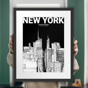 Moderne zwart-wit NYC Skyline Travel Sketch Poster