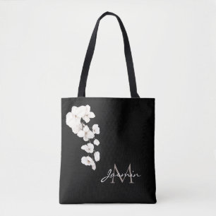 Moderne zwart-wit orchideeën Floral Monogram Draagtas