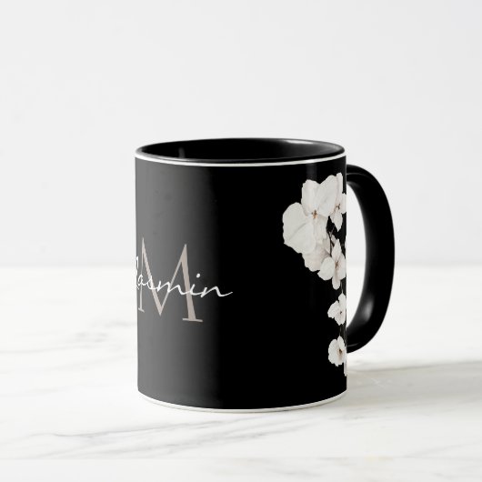 Moderne zwart-wit orchideeën Floral Monogram Mok (Voorkant rechts)