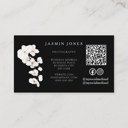 Moderne zwart-wit orchideeën QR Code Floral Visitekaartje (Achterkant)