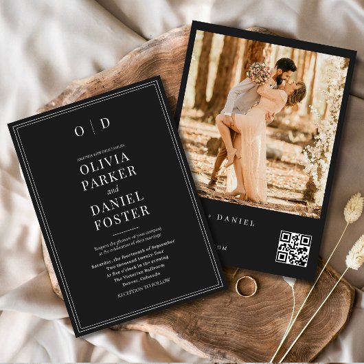 Moderne Zwart Wit QR Code Fotobruiloft Kaart