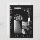 Moderne zwart-wit script foto save the date (Voorkant)