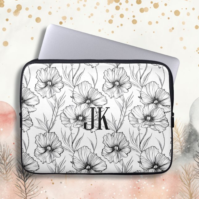 Moderne zwart-witte bloemen monogrammed laptop sleeve (Creator heeft geüpload)