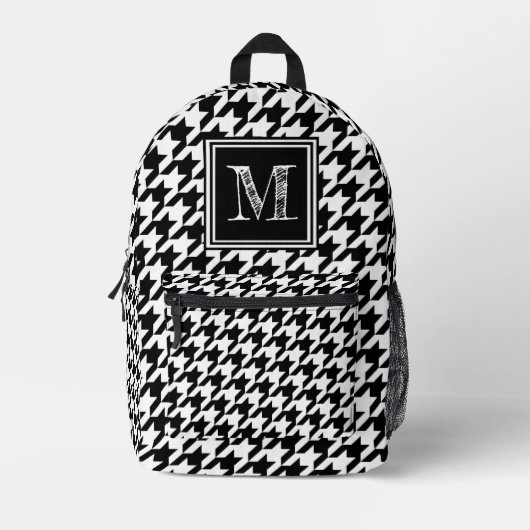 Moderne zwart-witte houndstooth monogram bedrukte rugzak (Voorkant)