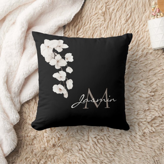 Moderne Zwart-Witte Orchidee Monogram Kussen (Deken)
