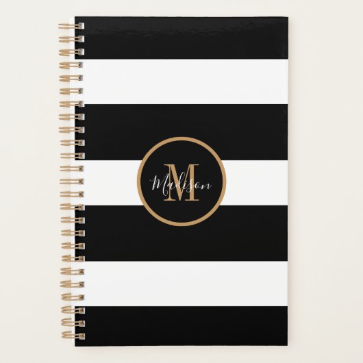 Moderne zwart-witte strepen gouden monogram planner (Voorkant)