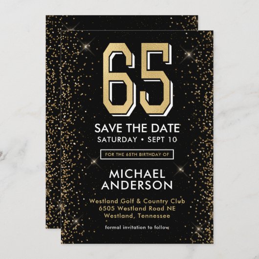 Moderne zwarte 65e verjaardag save the date (Voorkant / Achterkant)