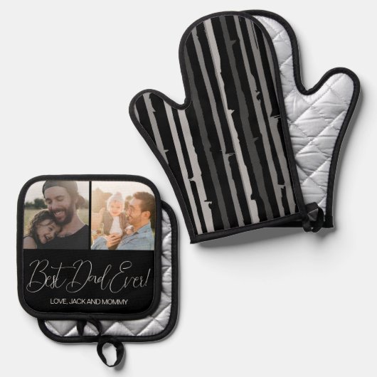 Moderne zwarte aangepaste foto beste papa ooit ovenwant & pannenlap set (Voorkant / Achterkant)