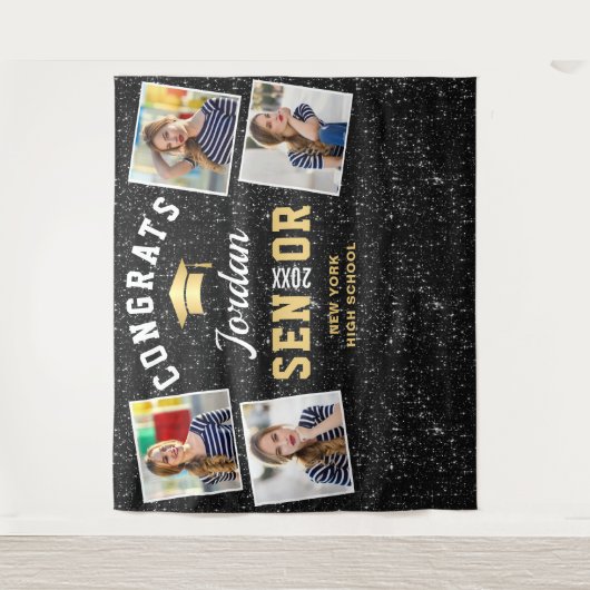 Moderne Zwarte Afstudeerfeest 4 Fotohokje Achtergr Wandkleed (Voorkant)