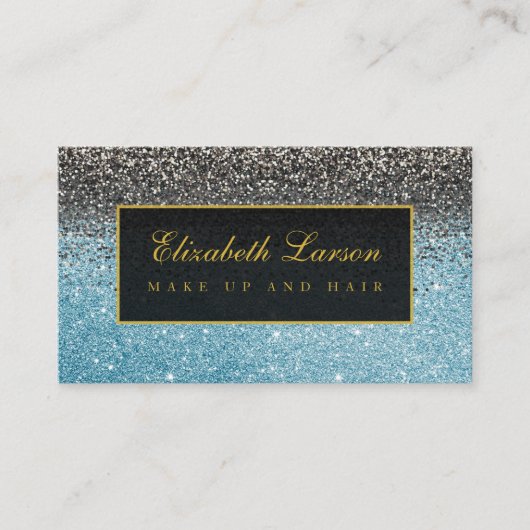 Moderne Zwarte Aqua Blauwe Glitter Schoonheid Make Visitekaartje (Voorkant)
