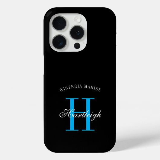 Moderne Zwarte Blauwe Witte Monogram Naam Case-Mate iPhone Case (Achterkant)
