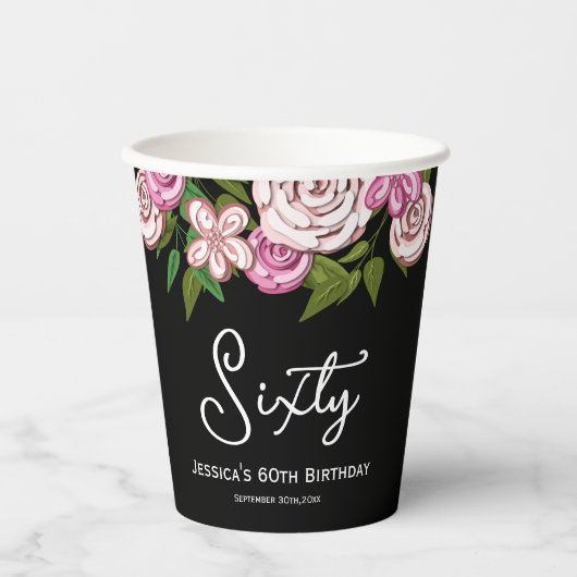 Moderne Zwarte Bloemen 60ste Verjaardag Papieren Bekers (Voorkant)