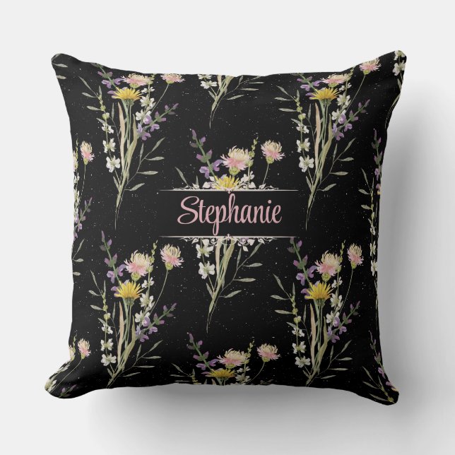 Moderne Zwarte Bloemen Country Wildflowers Kussen (Voorkant)