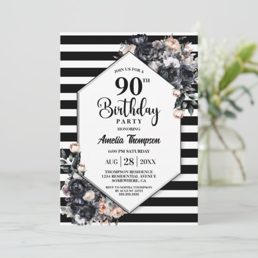 Moderne Zwarte Bloemen Gestreepte 90ste Verjaardag Kaart (Staand voorkant)