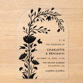 Moderne zwarte bloemen vlinder bruiloft acryl uitnodigingen (Voorkant)