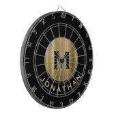 Moderne zwarte borsgeborsteld goudmonogram dartbord (Voorkant Links)