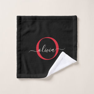 Moderne Zwarte Bourgondië Rode Monogram Script Naa Bad Handdoek