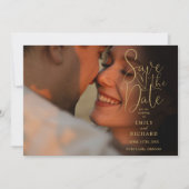 Moderne zwarte en gouden 2 foto's trouw-QR-code Save The Date (Voorkant)