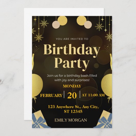 Moderne Zwarte en Gouden ballon uitnodiging verjaa (Voorkant / Achterkant)
