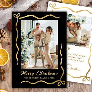 Moderne Zwarte en Gouden Boog 2 Foto Prettig Kerst Feestdagenkaart