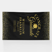 Moderne Zwarte en Gouden Glitter Afstudeerfeest Spandoek (Horizontaal)