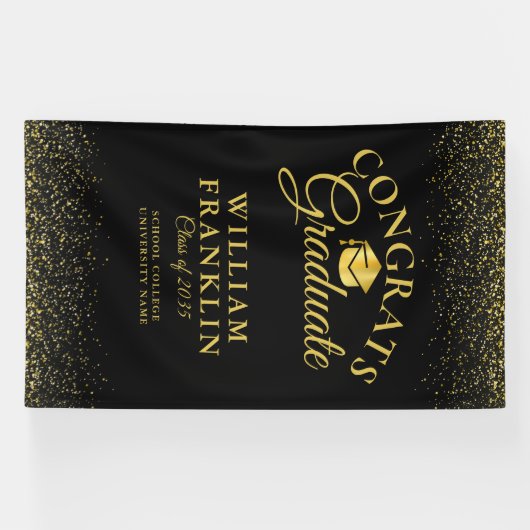 Moderne Zwarte en Gouden Glitter Afstudeerfeest Spandoek (Horizontaal)