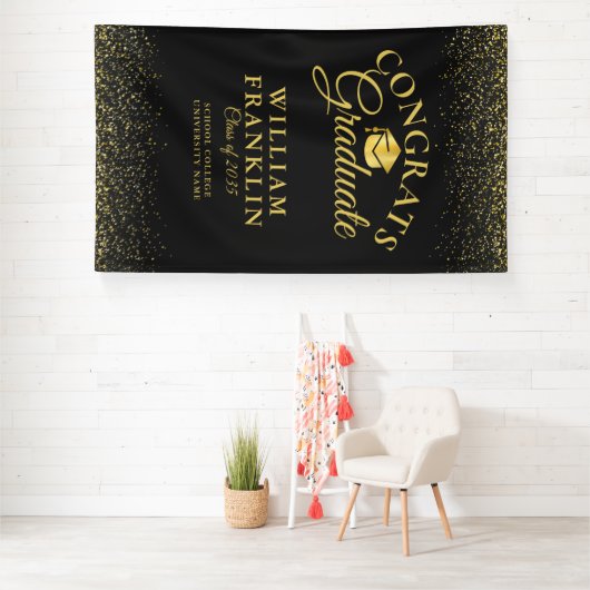Moderne Zwarte en Gouden Glitter Afstudeerfeest Spandoek (Insitu)