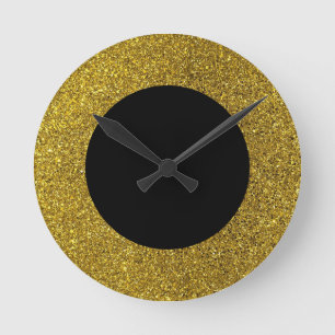 Moderne Zwarte en Gouden Glitter Ronde Wandklok Klok