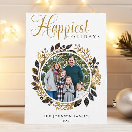 Moderne Zwarte en Gouden Krans Kerstfoto Feestdagenkaart