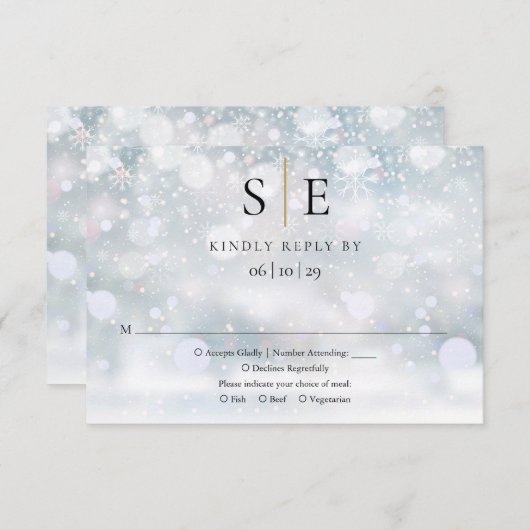 Moderne Zwarte en Gouden Monogram Winter Bruiloft RSVP Kaartje (Voorkant / Achterkant)