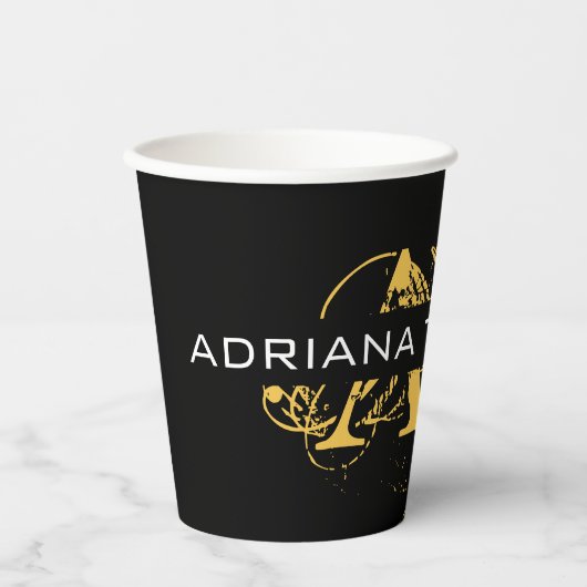 Moderne, zwarte en gouden monogrammen papieren bekers (Voorkant)
