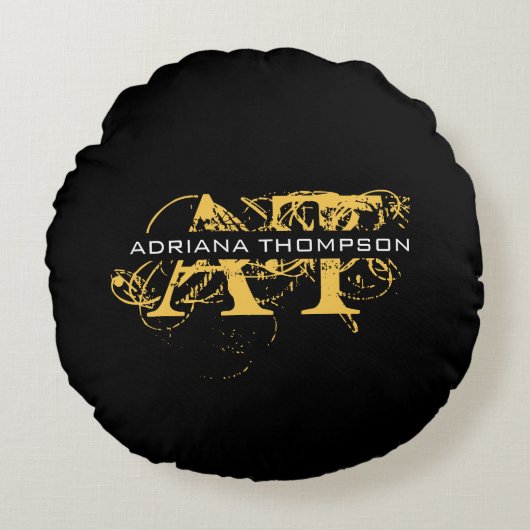 Moderne, zwarte en gouden monogrammen rond kussen (Voorkant)