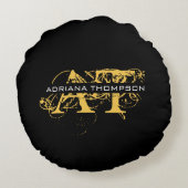 Moderne, zwarte en gouden monogrammen rond kussen (Achterkant)