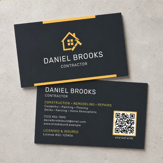 Moderne Zwarte en Gouden QR-code voor Aannemers Visitekaartje
