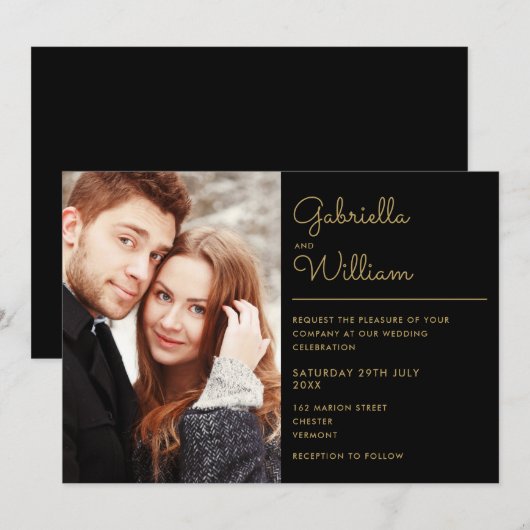 Moderne Zwarte En Gouden Script Foto Huwelijk Kaart (Voorkant / Achterkant)