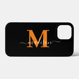 Moderne zwarte en oranje monogram Case-Mate iPhone 13 Mini Hoesje