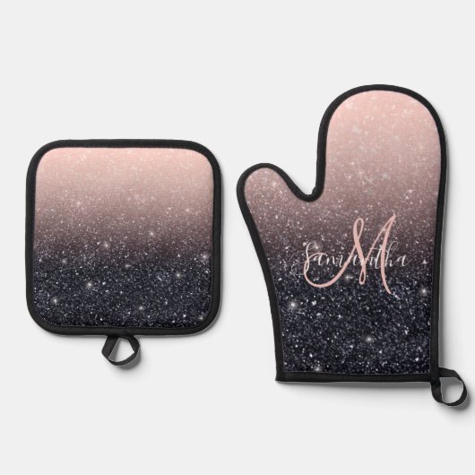 Moderne zwarte en roze glitter Sparkles Ovenwant & Pannenlap Set (Voorkant)