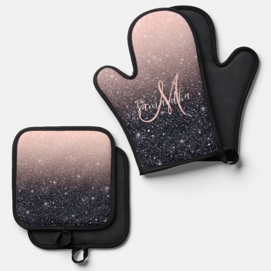 Moderne zwarte en roze glitter Sparkles Ovenwant & Pannenlap Set (Voorkant / Achterkant)